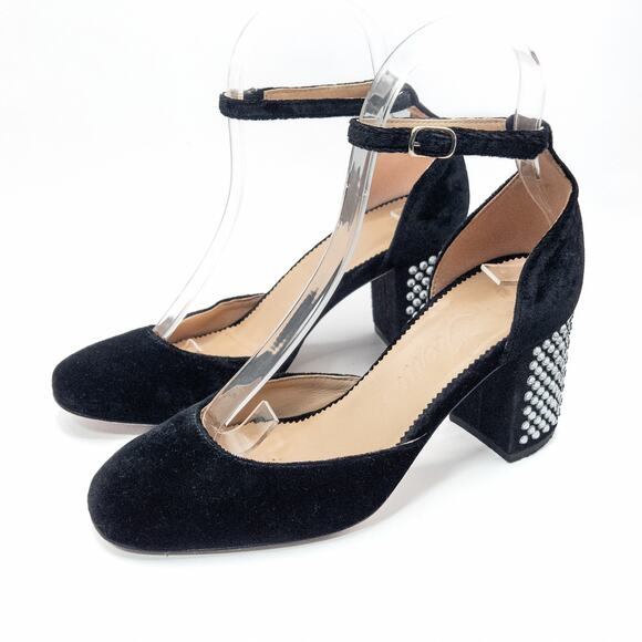 J.Crew Velvet Rhinestone Block Heel Ankle Strap Heels Black Size 5 Evening Chic - Picture 1 of 10